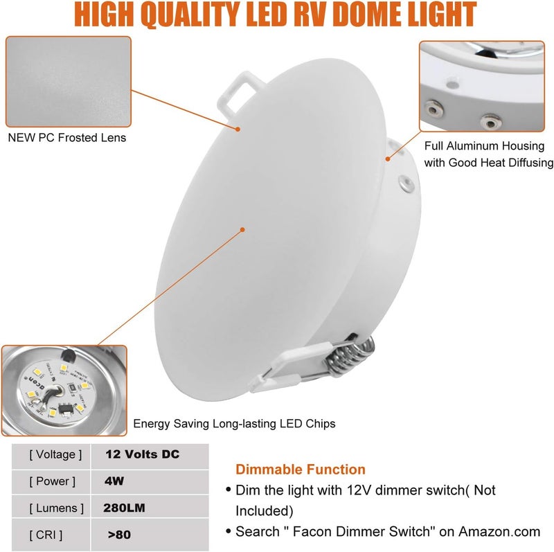 FACON 4.5inch 12V LED RV Puck Light - DLFST4-008/RVR4H-MH40, 4000K Cool White, Full Aluminum Recessed 12Volt Interior Ceiling Lights for RV, Camper, Trailer, Boat, cETL Certified - Image 3